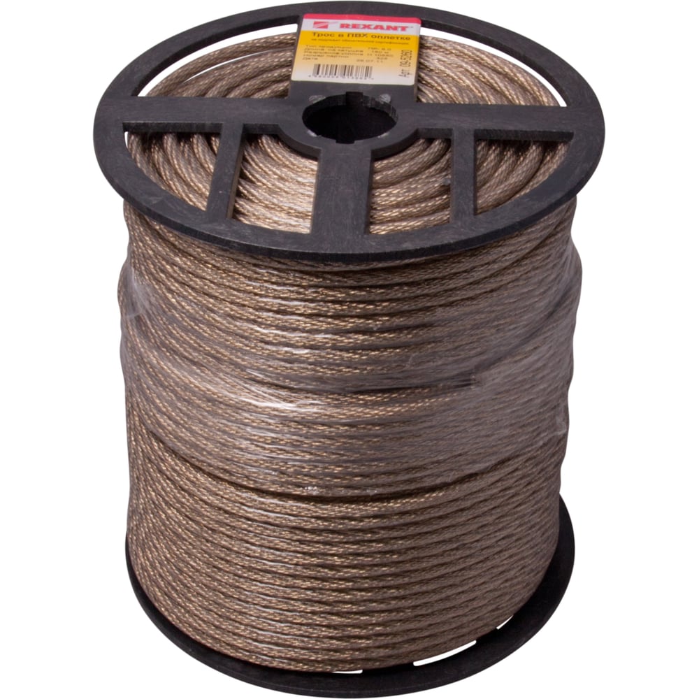 Изображение товара Стальной трос в ПВХ оплетке REXANT 6 мм 150 м для подъема и фиксации