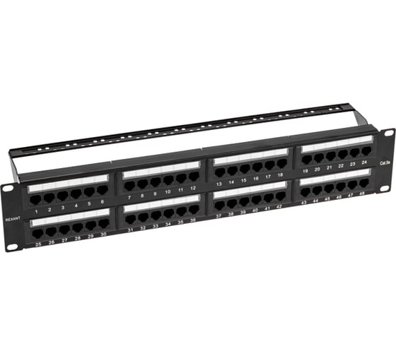 Изображение товара Коммутационная панель с кабельными органайзерами 19" REXANT 2u, 48 портов, u/utp, rj-45, cat 5e pro 02-0032
