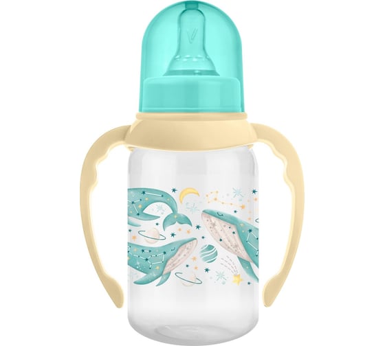 Изображение товара Бутылочка с ручками для кормления Мамина Радость 125 мл, соска m, звёздное небо-кит КК1321