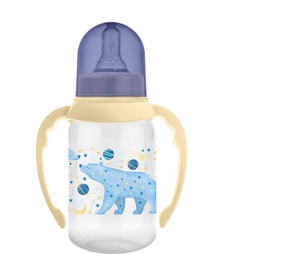 Изображение товара Бутылочка с ручками для кормления Мамина Радость 125 мл, соска m, звёздное небо-медведь КК1322