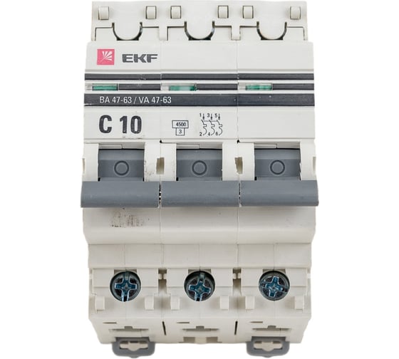 Изображение товара Автоматический трехполюсный выключатель EKF 10А С ВА47-63 4.5кА PROxima mcb4763-3-10C-pro