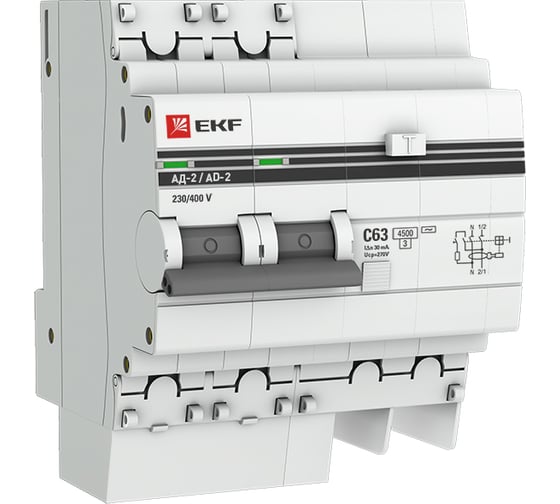 Изображение товара Автоматический дифференциальный выключатель EKF АД-2 2п 63А 30мА С PROxima DA2-63-30-pro