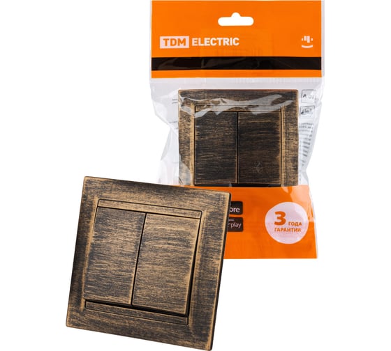 Изображение товара 2 клавишный выключатель TDM ELECTRIC на 2 направления 10А старинная бронза Лама SQ1815-0749