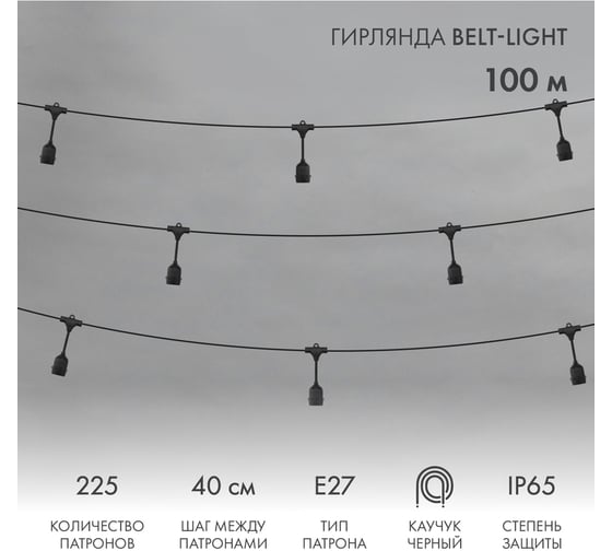 Изображение товара Белт-лайт Neon-Night Belt-light 2 жилы, шаг 40 см, подвесные патроны E27, IP65, черная, 100 м 331-231