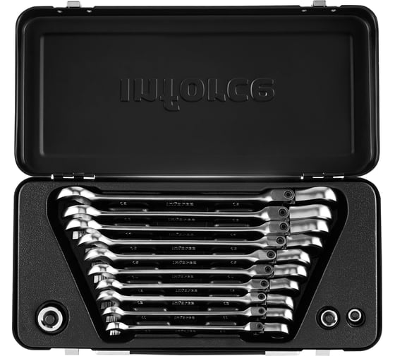 Изображение товара Набор комбинированных шарнирных ключей с трещоткой 13 предметов Inforce, Сталь Cr-V, 10-19мм, 06-05-53