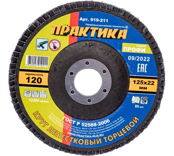 Изображение товара Круг лепестковый торцевой 125 х 22 мм Р 120, ПРАКТИКА 919-211
