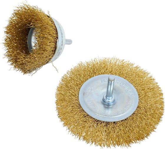 Изображение товара Набор щеток для дрели (2 шт, плоская 100 мм+чашка 75мм, латунированная проволока) Калибр 00000041878