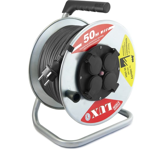 Изображение товара Силовой удлинитель на металлической катушке LUX 55150 К4-Е-50 КГ 3x2.5 50м 16А 4 роз. с з/к, защитой и крышк. IP44 4606400420422