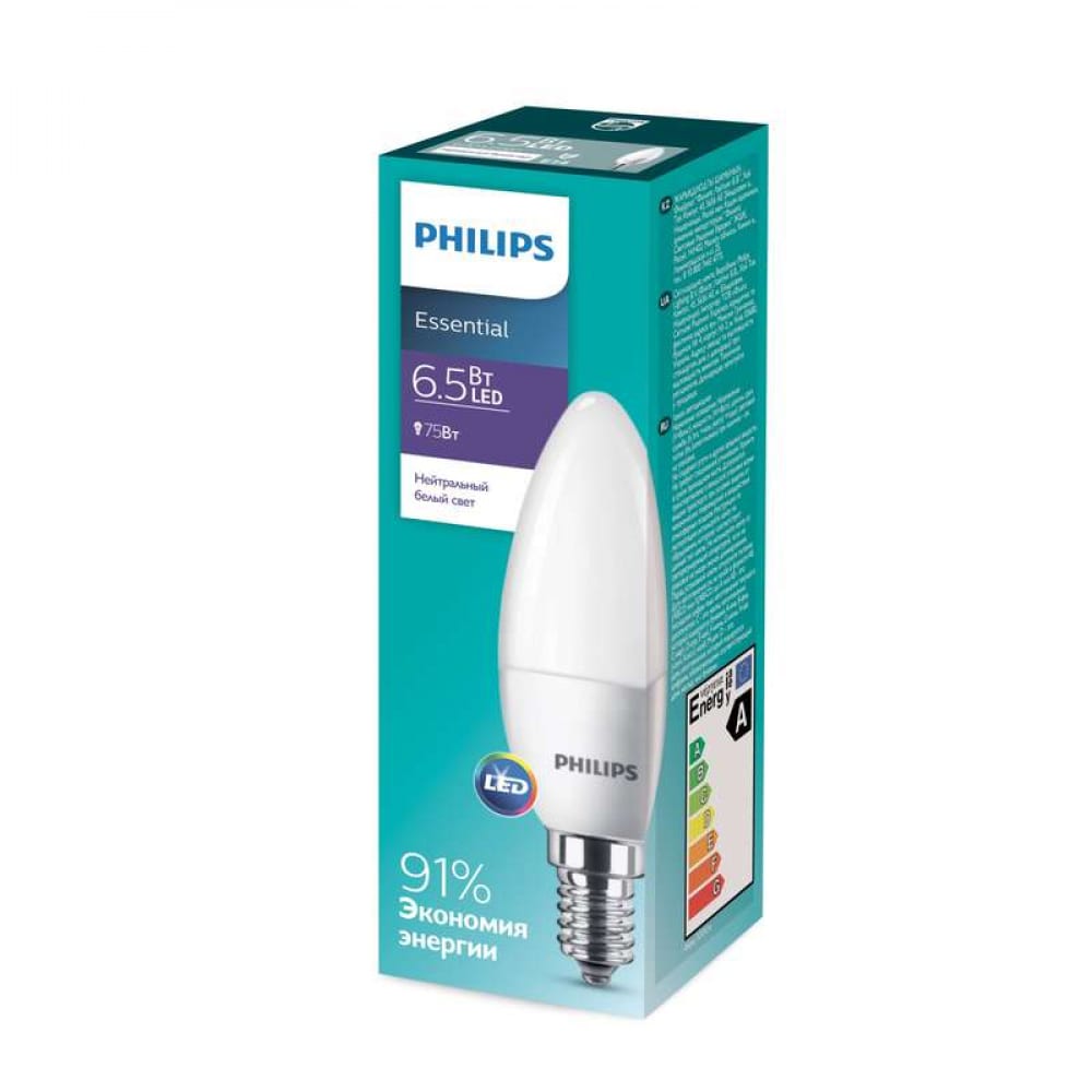 фото Светодиодная лампа philips essled candle 6.5-75вт e14 нейтральный белый свет 1267367