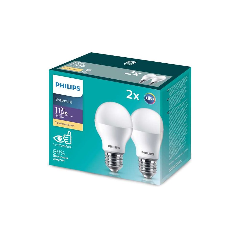 фото Упаковка из 2-х светодиодных ламп philips ess ledbulb 11-95вт e27 теплый белый свет 530622