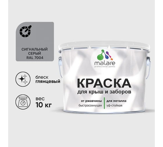Изображение товара Краска по металлу MALARE для крыш и заборов, по ржавчине, быстросохнущая, износостойкая, глянцевая, сигнальный серый, 10 кг КМЗ7004Г1000
