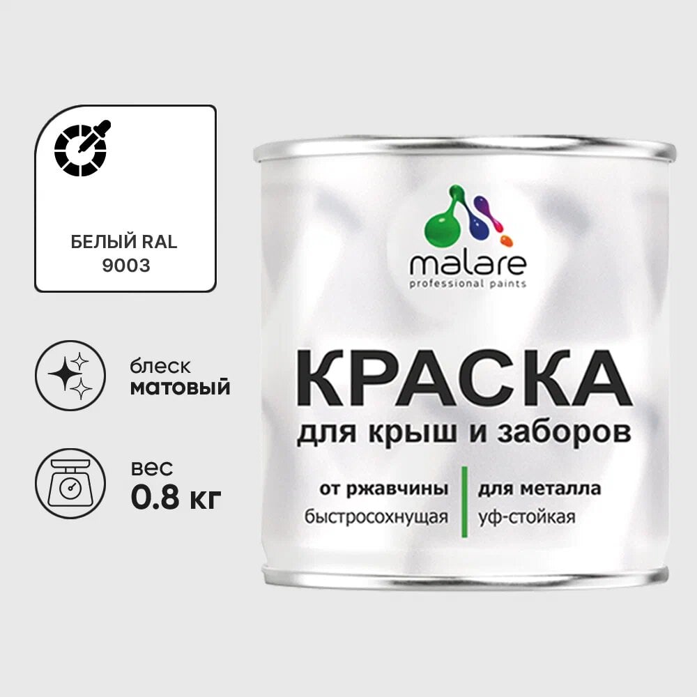 Изображение товара Малярная краска для металла MALARE антикоррозионная матовая белая 0.8 кг