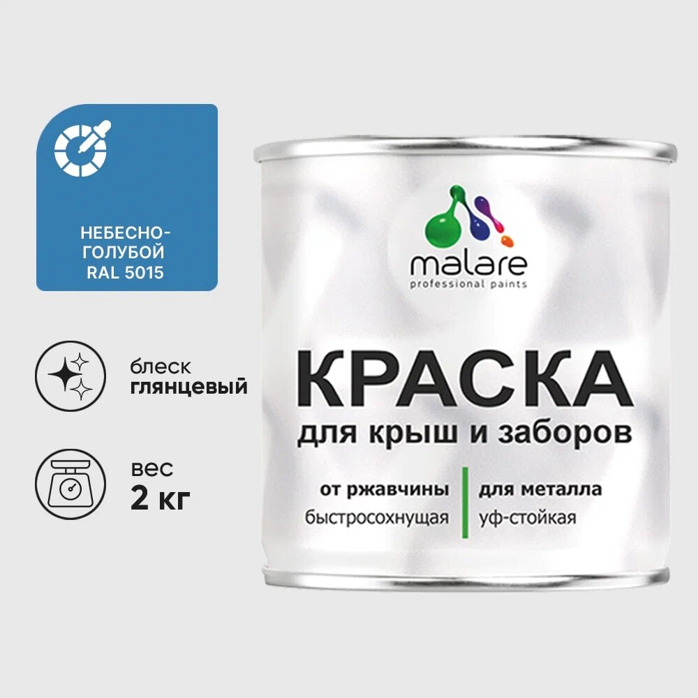 Изображение товара Антикоррозийная краска MALARE для забора и крыши, небесно-голубая, 2 кг
