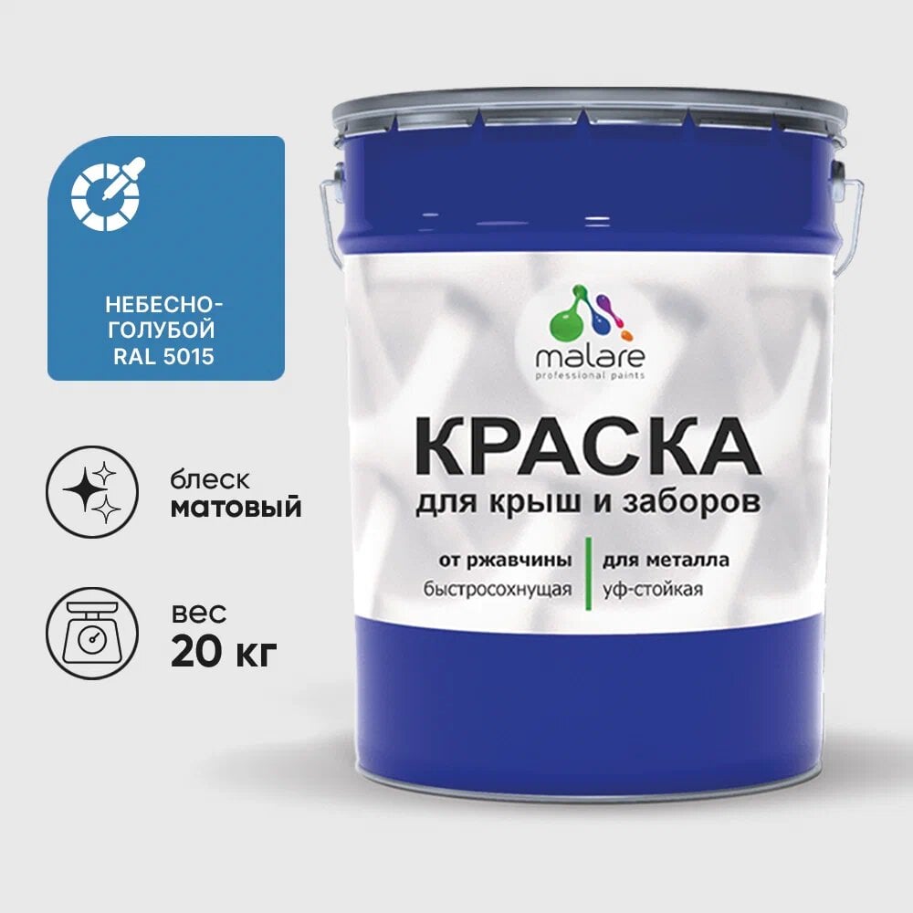 Изображение товара Краска по металлу MALARE быстросохнущая матовая небесно-голубая 20 кг