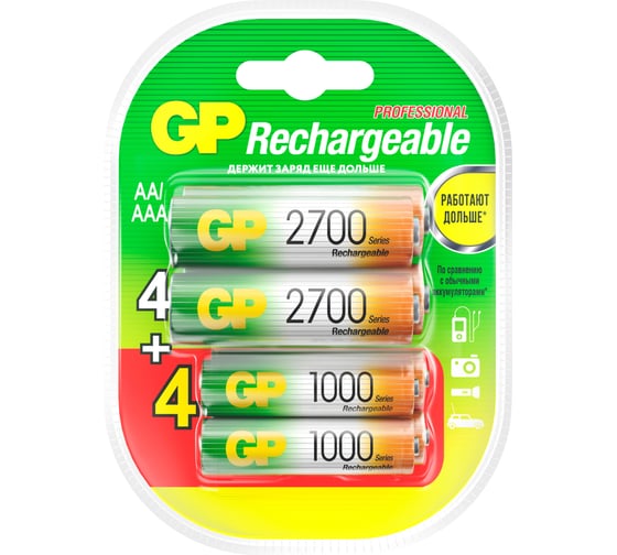 Изображение товара Перезаряжаемые аккумуляторы GP емкость 2700 мАч - 4шт + 1000 мАч - 4шт. 270AA/100AAAHCFR-2CR8 15920431