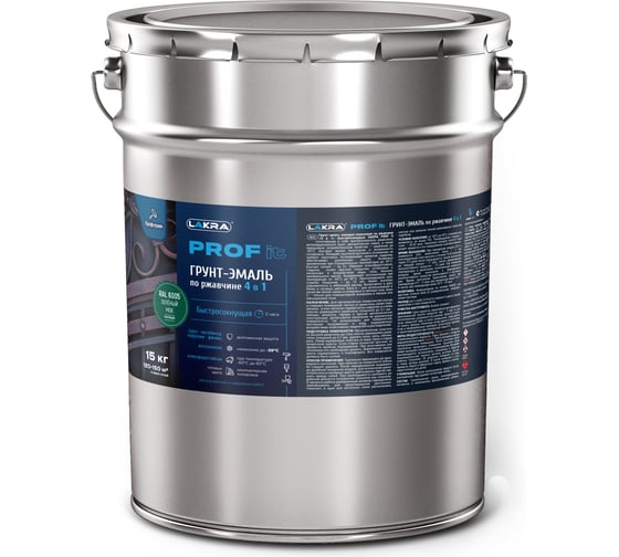 Изображение товара Грунт-эмаль по ржавчине ЛАКРА Prof it 4 в 1, быстросохнущая, зеленый мох, ral 6005, 15 кг 8311399 ЛА-00001619