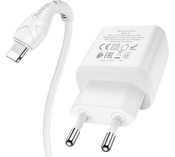 Изображение товара Сетевое зарядное устройство Hoco n5, pd20w+qc3.0, 1хusb-а,1хtypе-с, 3а +кабель type-c- lightning, 1 м, белый 23753-N5IW
