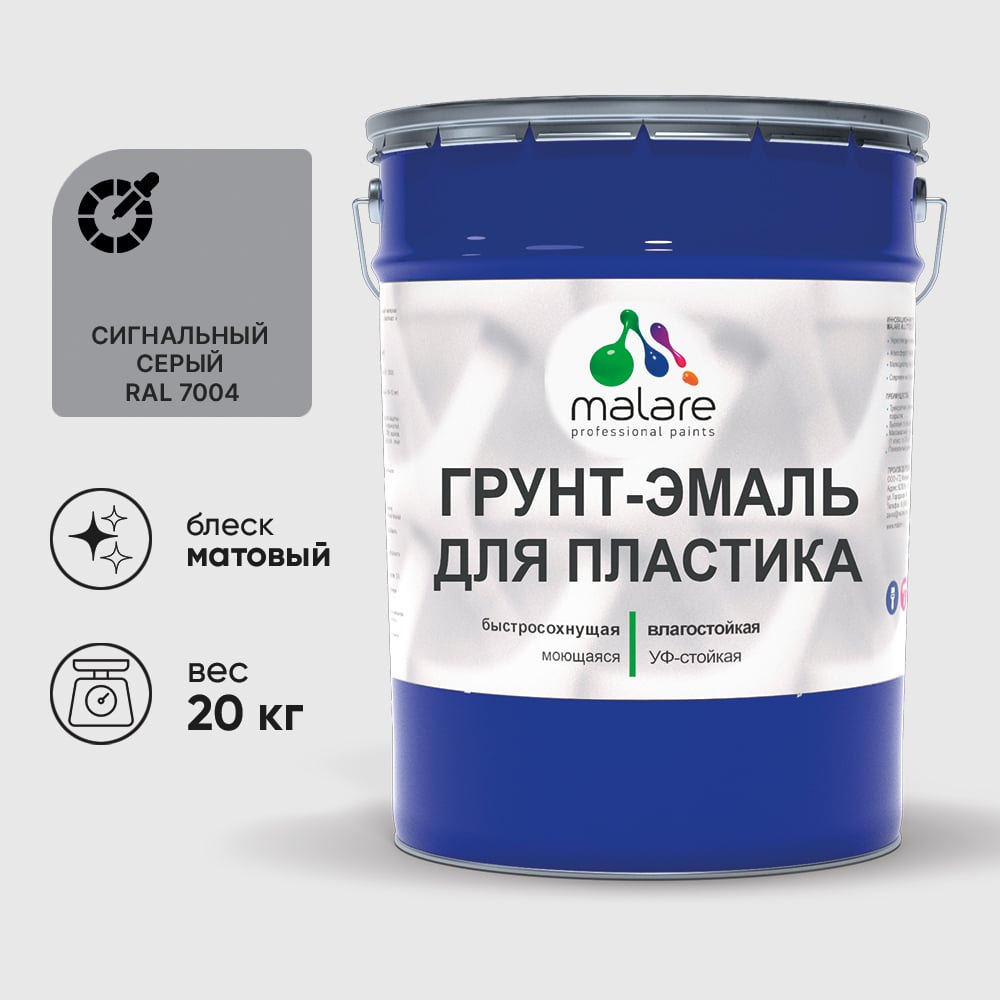 Грунт-Эмаль MALARE для пластика, окон и подоконников, сайдинга, матовый, сигнальный серый 20 кг ГЭПЛСТ7004М2000