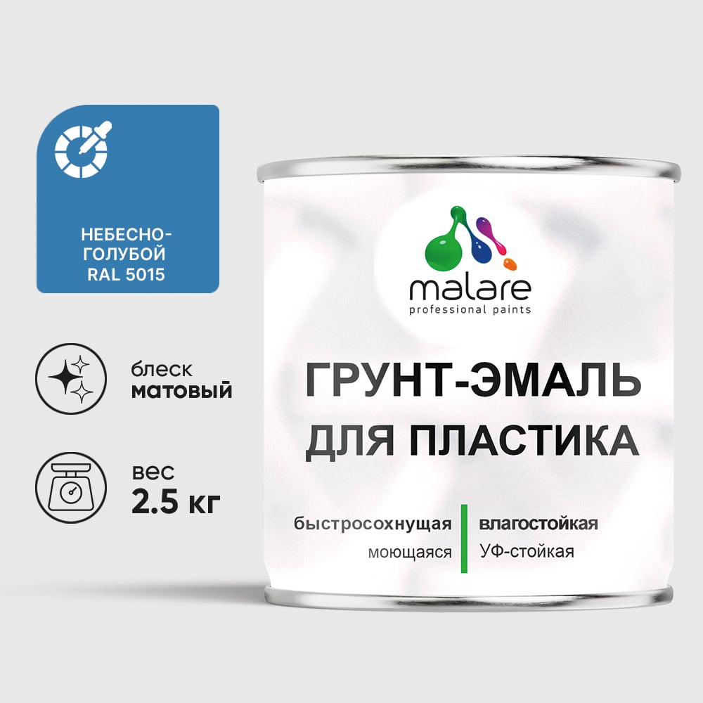 Грунт-Эмаль MALARE для пластика, окон и подоконников, сайдинга, матовый, небесно-голубой 2,5 кг ГЭПЛСТ5015М0250