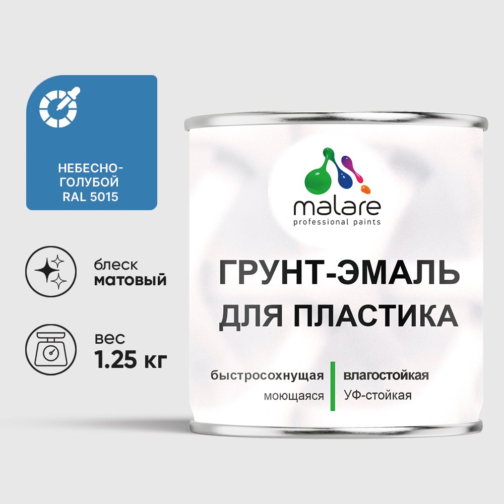 Грунт-Эмаль MALARE для пластика, окон и подоконников, сайдинга, матовый, небесно-голубой 1,25 кг ГЭПЛСТ5015М0125