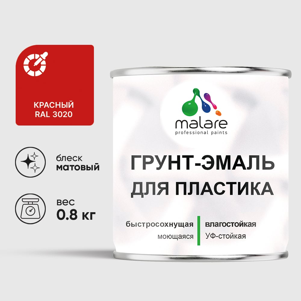 Грунт-Эмаль MALARE для пластика, окон и подоконников, сайдинга, матовый, красный, 0,8 кг ГЭПЛСТ3020М0080