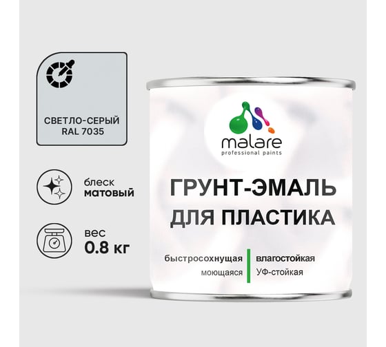 Изображение товара Грунт-Эмаль MALARE для пластика, окон и подоконников, сайдинга, матовый, светло-серый, 0,8 кг ГЭПЛСТ7035М0080