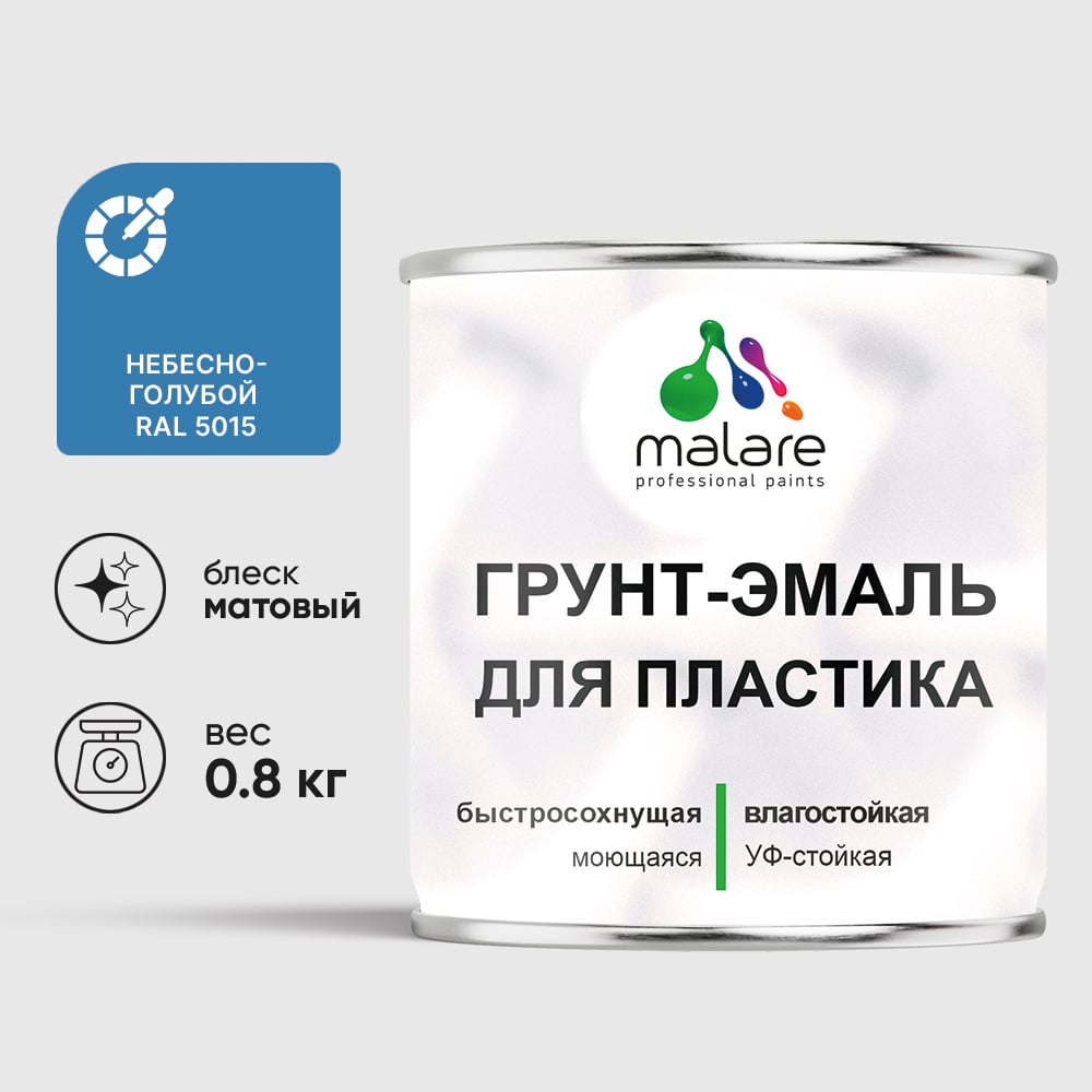 Грунт-Эмаль MALARE для пластика, окон и подоконников, сайдинга, матовый, небесно-голубой 0,8 кг ГЭПЛСТ5015М0080