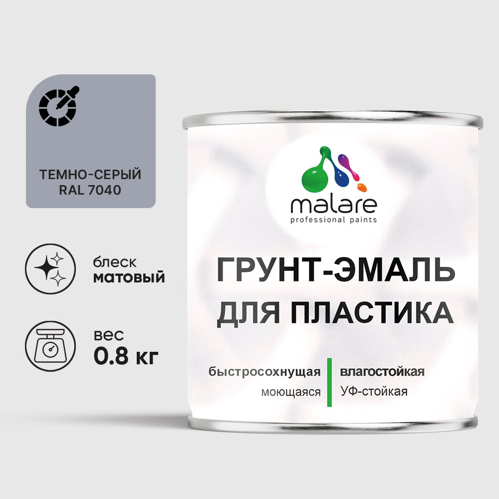 Грунт-Эмаль MALARE для пластика, окон и подоконников, сайдинга, матовый, темно-серый, 0,8 кг ГЭПЛСТ7040М0080