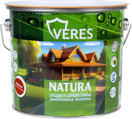 Изображение товара Декоративная пропитка для дерева VERES Natura полуматовая, 2.7 л, рябина 262295