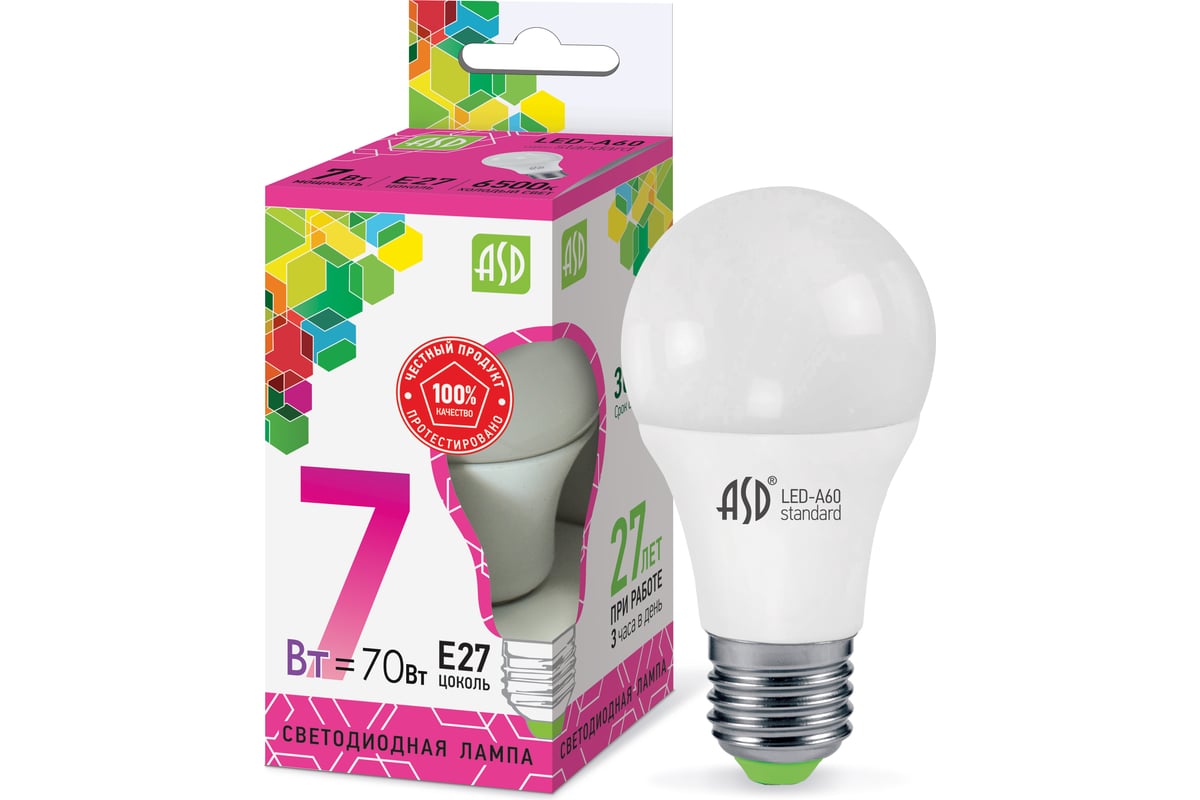 Лампа ASD сд LED-A60-std 7Вт 230В Е27 6500К 630Лм 4690612018997