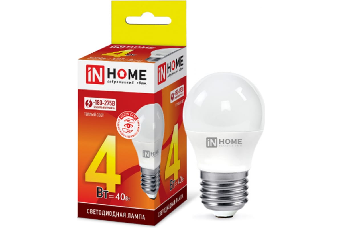 Светодиодная лампа IN HOME LED-ШАР-VC 4Вт 230В Е27 3000К 360Лм 4690612030579