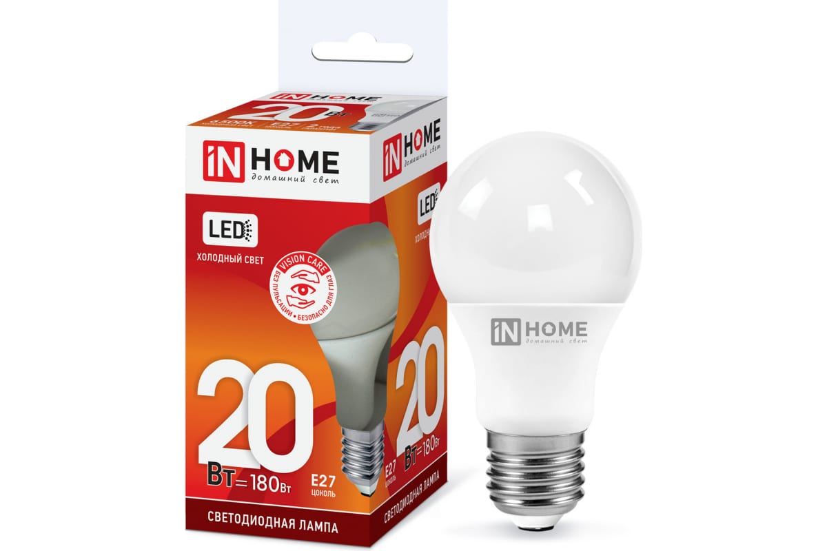 Светодиодная лампа IN HOME LED-A60-VC 20Вт 230В Е27 6500К 1800Лм 4690612020310