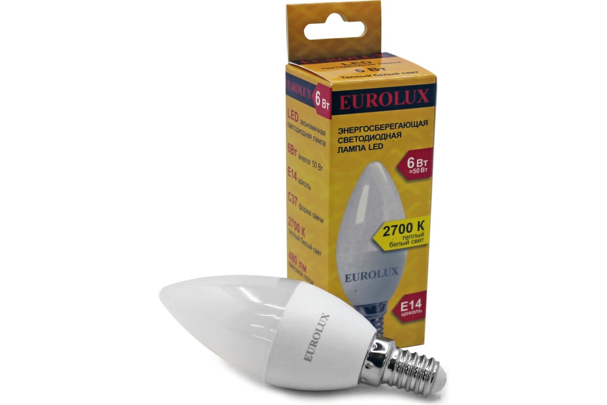 Светодиодная лампа Eurolux LL-E-C37-6W-230-27K-E14/свеча 6Вт теплый белый Е14 76/2/2