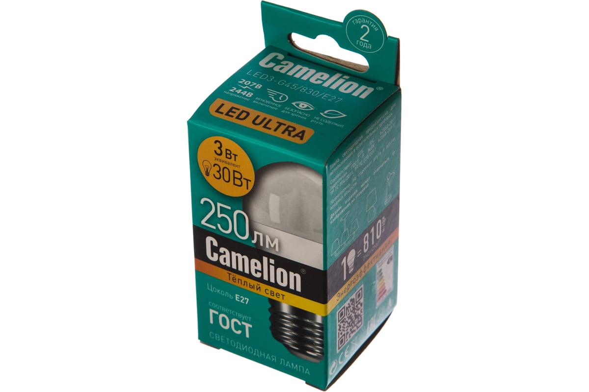 Светодиодная лампа 3Вт 220В Camelion LED3-G45/830/E27 11374