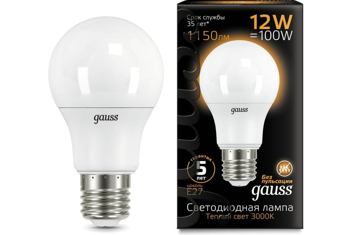 Лампа LED A60 globe 12W E27 3000K Gauss 102502112