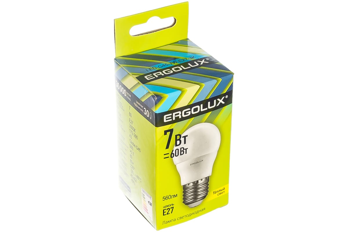 Светодиодная лампа Шар Ergolux LED-G45-7W-E27-3K 7Вт E27 3000K 172-265В 12143