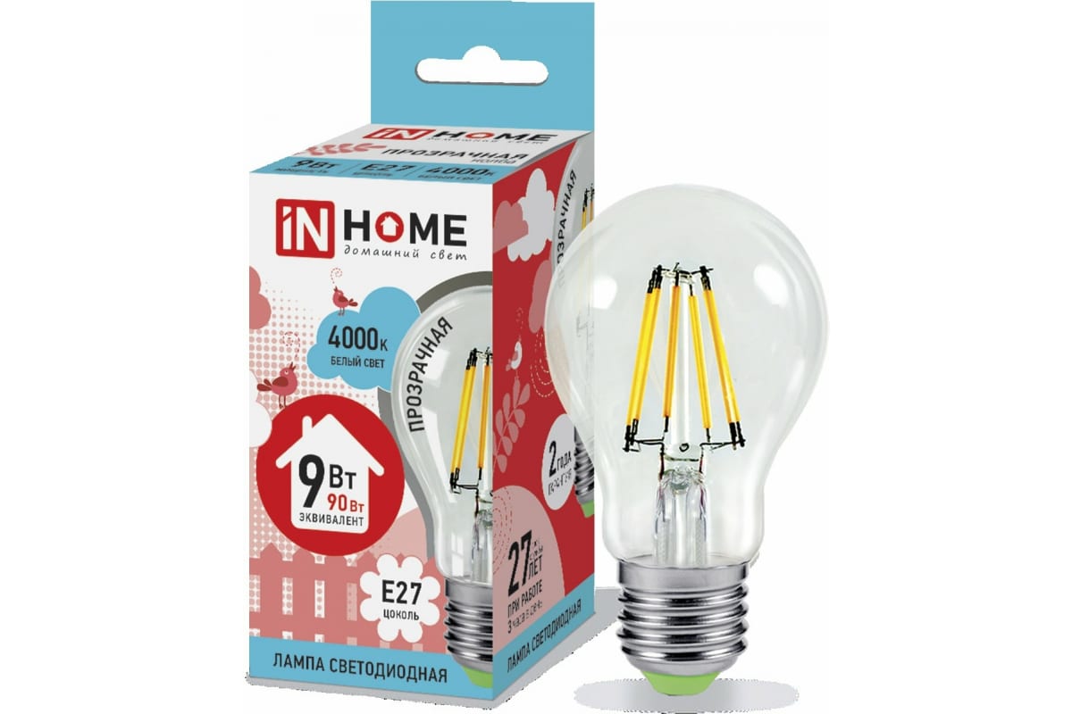 Светодиодная лампа IN HOME LED-A60-deco 9Вт 230В Е27 4000К 810Лм прозрачная 4690612008073