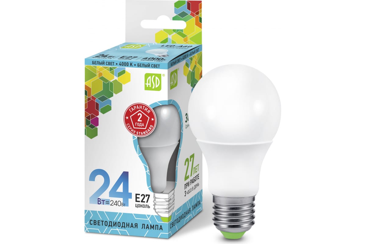 Светодиодная лампа ASD LED-A60-standard 24Вт 230В Е27 4000К 2160Лм 4690612014272