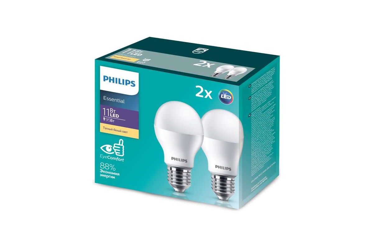 Упаковка из 2-х светодиодных ламп PHILIPS ESS LEDBulb 11-95Вт E27 теплый белый свет 530622