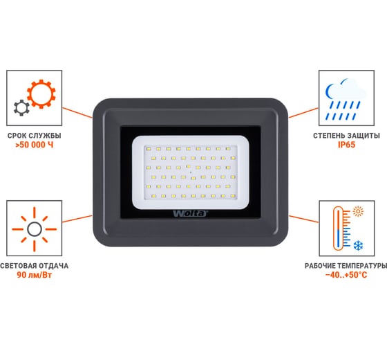 Светодиодный прожектор Wolta 5700K, 50 W SMD, IP 65, цвет серый, слим WFL-50W/06 6