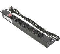 Блок розеток EKF PDU TERACOM 19", 1U, 16А/250В, 7 розеток Schuko, с выключателем, шнур питания длиной 2 метра сечение 3x1,5 мм2 вилка Schuko, корпус пластик, черный TRC-HPD-LS-16A-7SH-2MSH