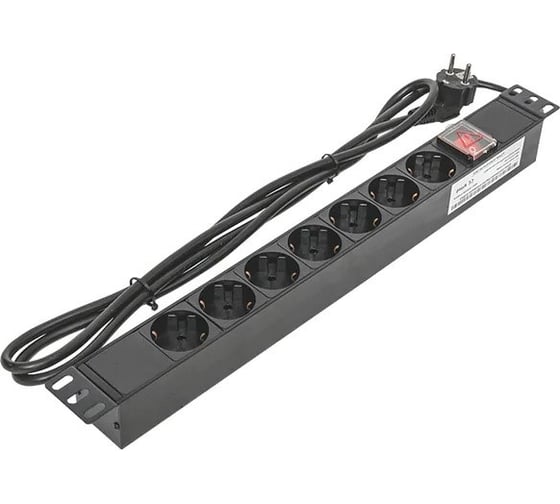 Блок розеток EKF PDU TERACOM 19", 1U, 16А/250В, 7 розеток Schuko, с выключателем, шнур питания длиной 2 метра сечение 3x1,5 мм2 вилка Schuko, корпус пластик, черный TRC-HPD-LS-16A-7SH-2MSH