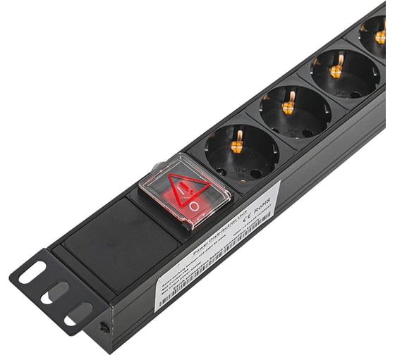 Блок розеток EKF PDU TERACOM PRO 19", 1U, 10А/250В, 8 розеток Schuko, с выключателем, без шнура питания входной разъем C14, корпус алюминий, черный TRP-HPD-LS-10A-8SH-C14