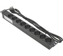 Блок розеток EKF PDU TERACOM PRO 19", 1U, 10А/250В, 9 розеток Schuko, шнур питания длиной 2 метра сечение 3x1,5 мм2 вилка C14, корпус алюминий, черный TRP-HPD-10A-9SH-2MC14
