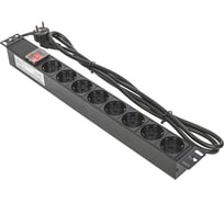 Блок розеток EKF PDU TERACOM PRO 19" 1U 16А/250В 8 розеток Schuko с выключателем, шнур питания длиной 2 метра, сечение 3x1.5 мм2, вилка Schuko, корпус пластик, черный TRP-HPD-LSP-16A-8SH-2MSH