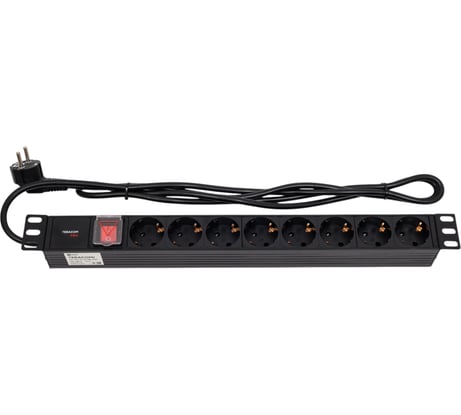 Блок розеток EKF PDU TERACOM PRO 19" 1U 16А/250В 8 розеток Schuko с выключателем, шнур питания длиной 2 метра, сечение 3x1.5 мм2, вилка Schuko, корпус пластик, черный TRP-HPD-LSP-16A-8SH-2MSH