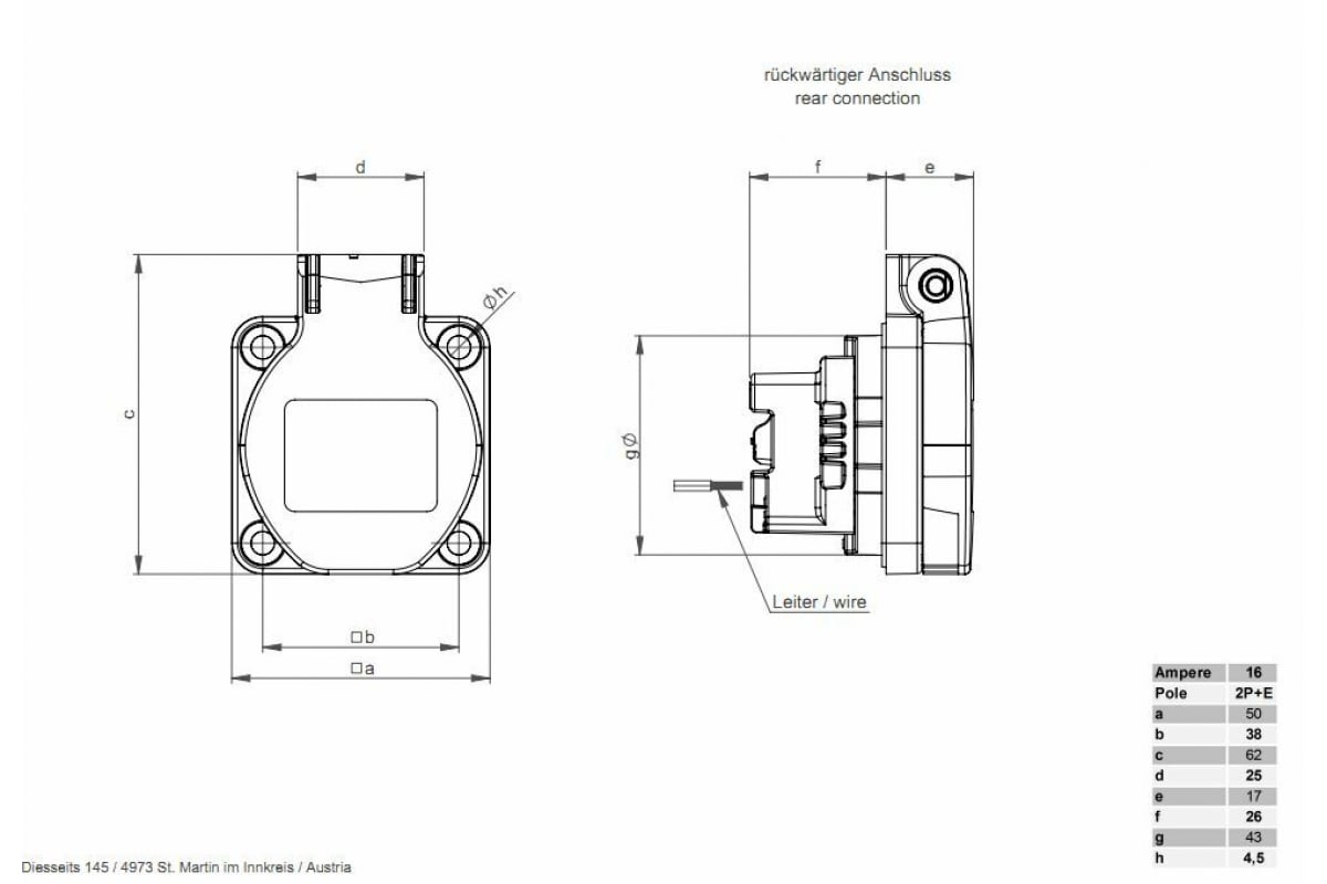 Встраиваемая розетка PCE 16А 220V 2P+E IP54 50x50 подключение сзади, синяя  105-0b - выгодная цена, отзывы, характеристики, фото - купить в Москве и РФ