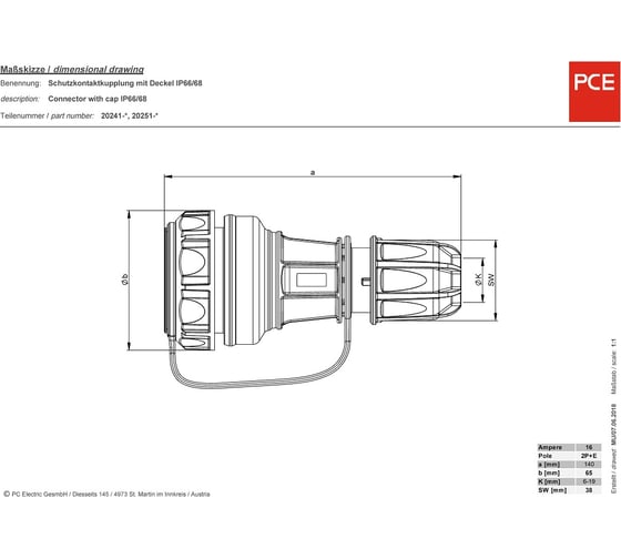 Кабельная розетка герметичная PCE 16А 220V IP68 NAUTILUS 20251-b