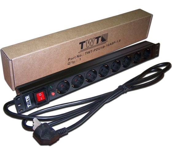 Блок розеток TWT 19 8 шт. Schuko, 16A 250V, шнур питания 1.8 м  PDU19-16A8P-1.8