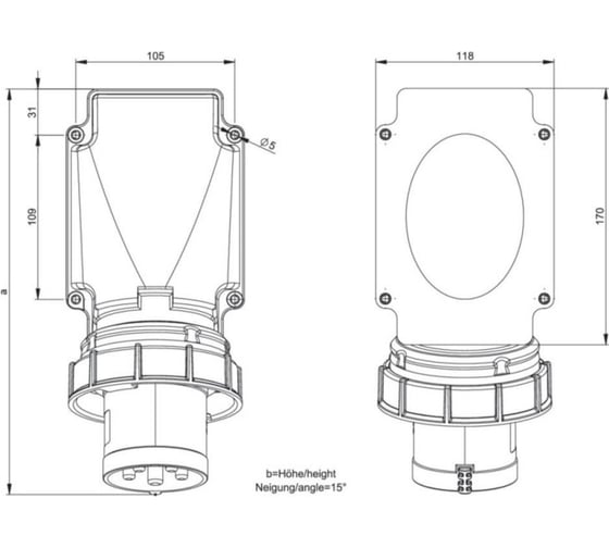Встраиваемая угловая вилка PCE 63а/400v/3p+n+e/ip67, фланец 118x170 77735-6
